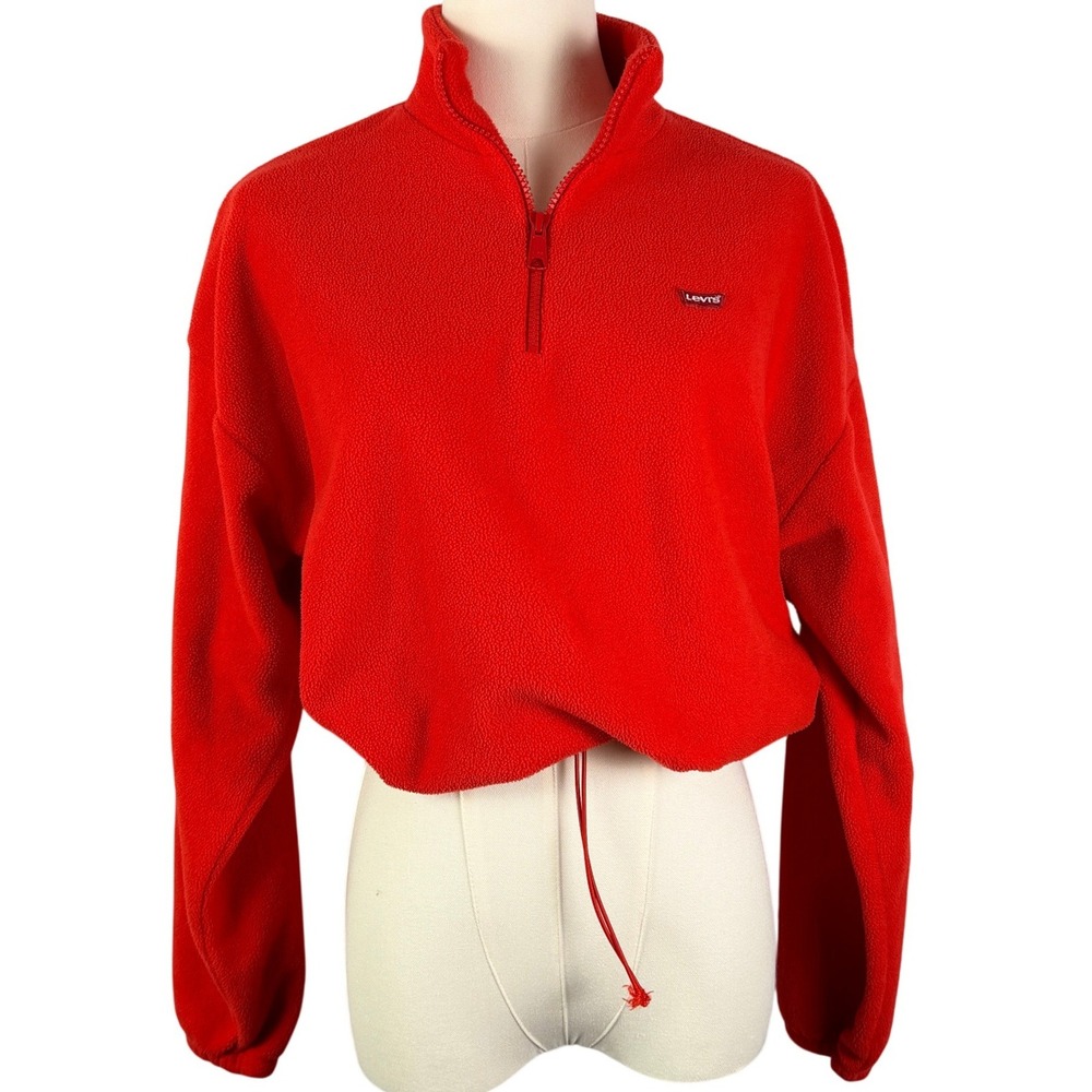 Levis Womens Red Cropped Fleece Quarter Zip Pullover Sweatshirt Small